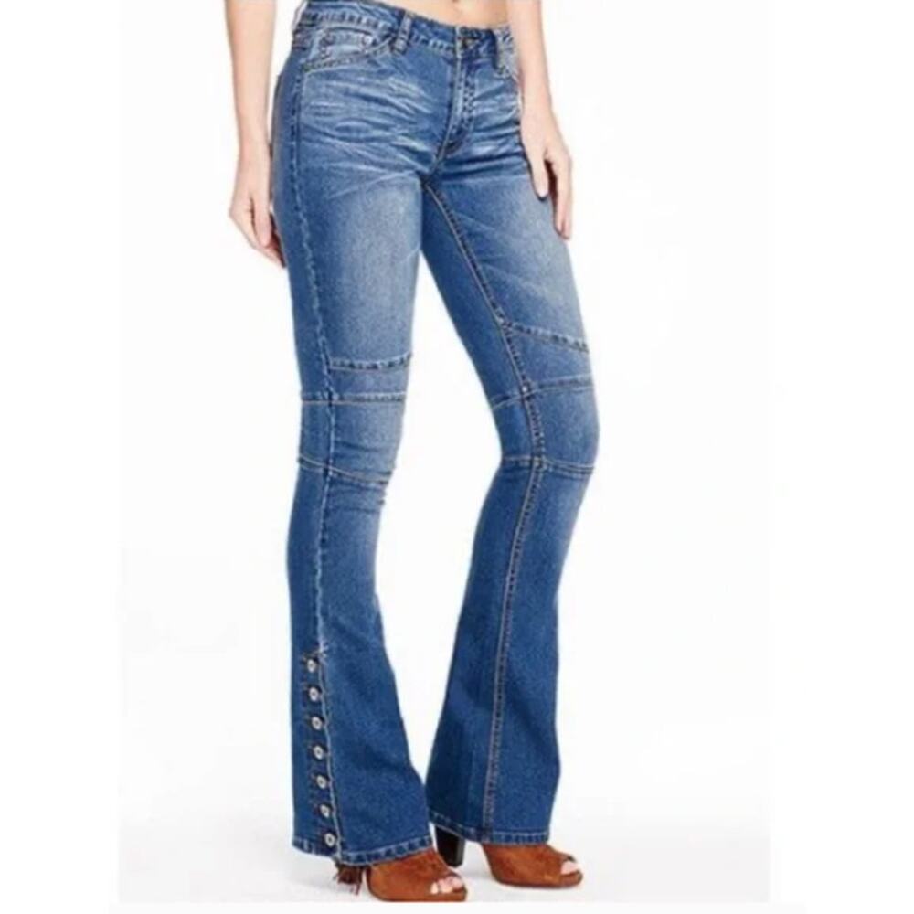 Free People Blue High-Rise Flare Wide Leg Jeans with Button Cuff